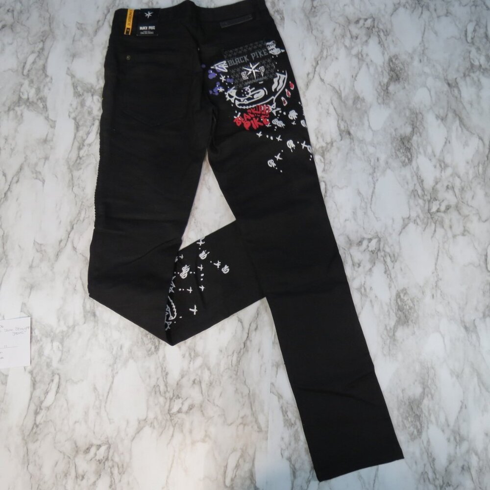 Black Pike Embellished Graffiti Slim Straight Jeans B7F502 30 x 32 Size Large